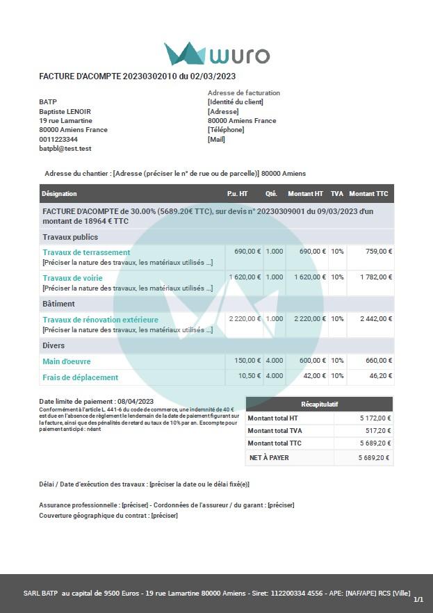 Facture d'acompte sur travaux modèle Wuro