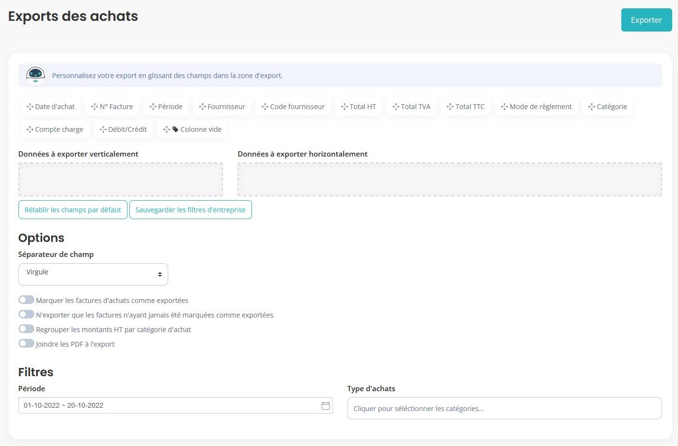 Export achats donnees filtres options