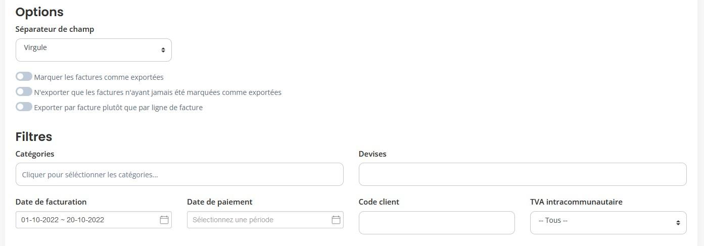 Export ventes options filtres