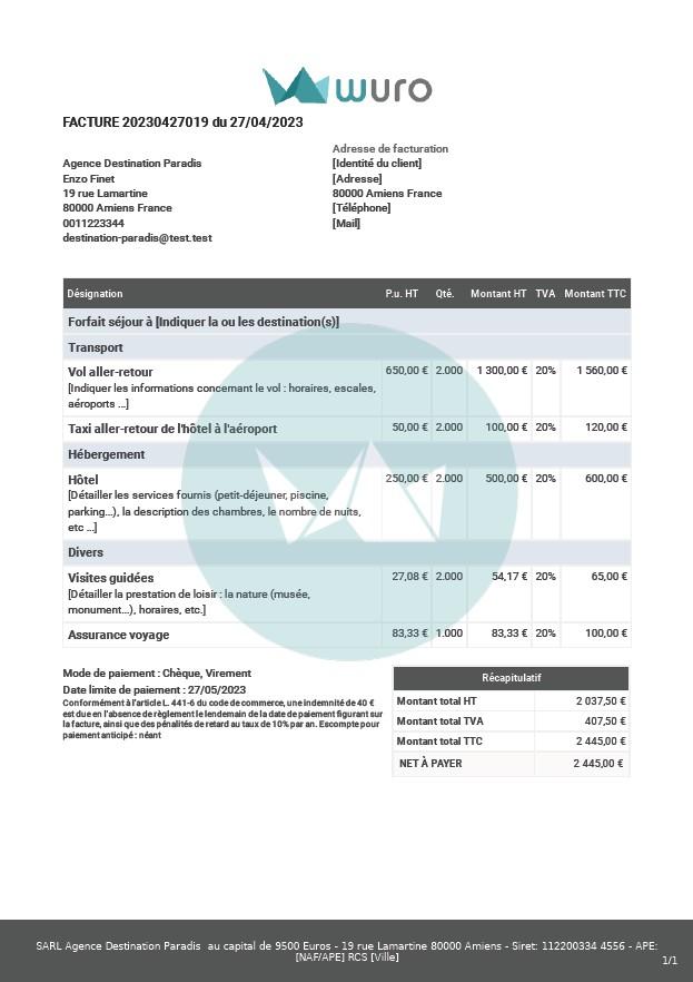 Facture agence voyage modele wuro