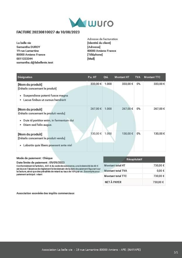 Facture association modele wuro