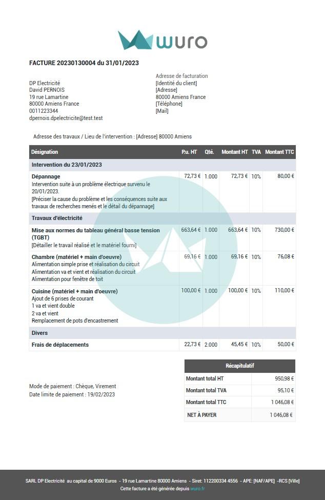 Facture electricien modele wuro
