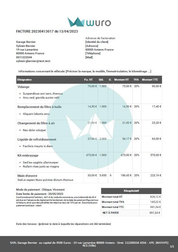 Facture garage modele wuro