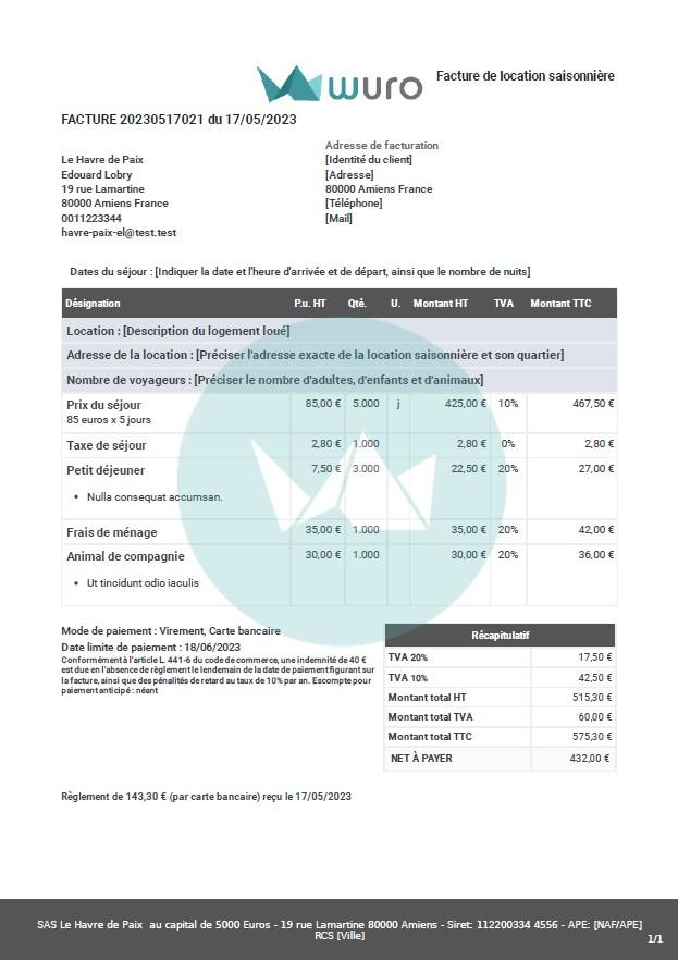 Facture location saisonnière modèle wuro