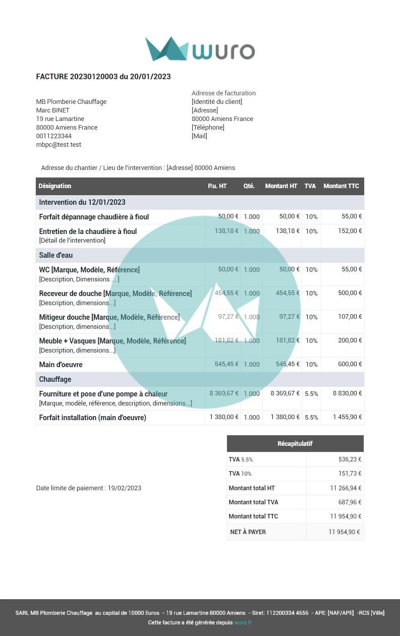 Facture plombier chauffagiste modele wuro