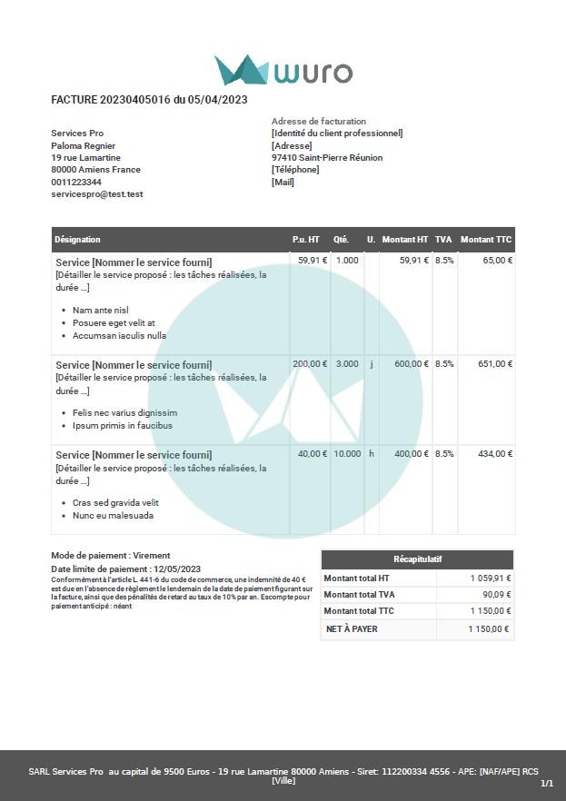 Facture prestation service modele wuro