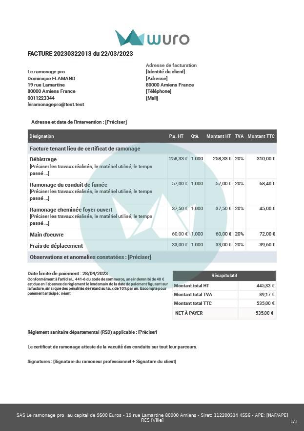 Facture ramonage modele wuro