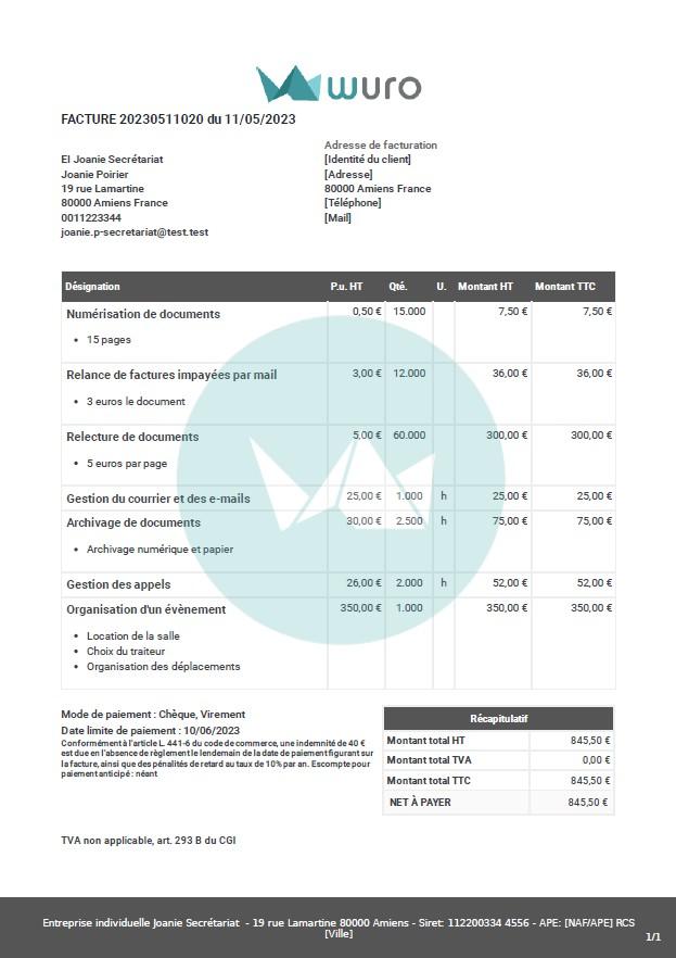 Facture simple sans TVA modèle Wuro