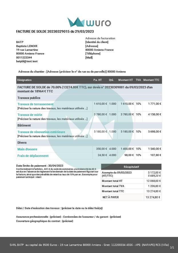 Facture solde fin travaux modele wuro