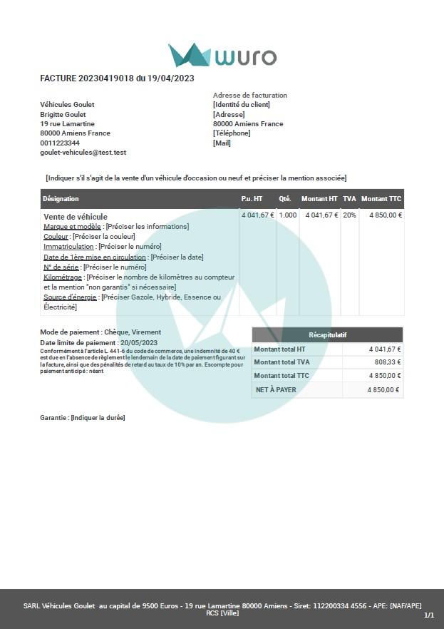 Facture vente vehicule modele wuro
