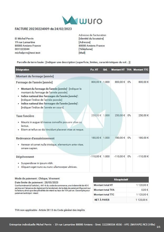 Facture fermage modèle wuro