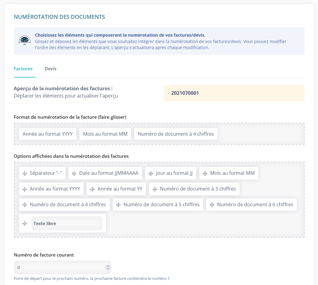 Numerotation factures devis