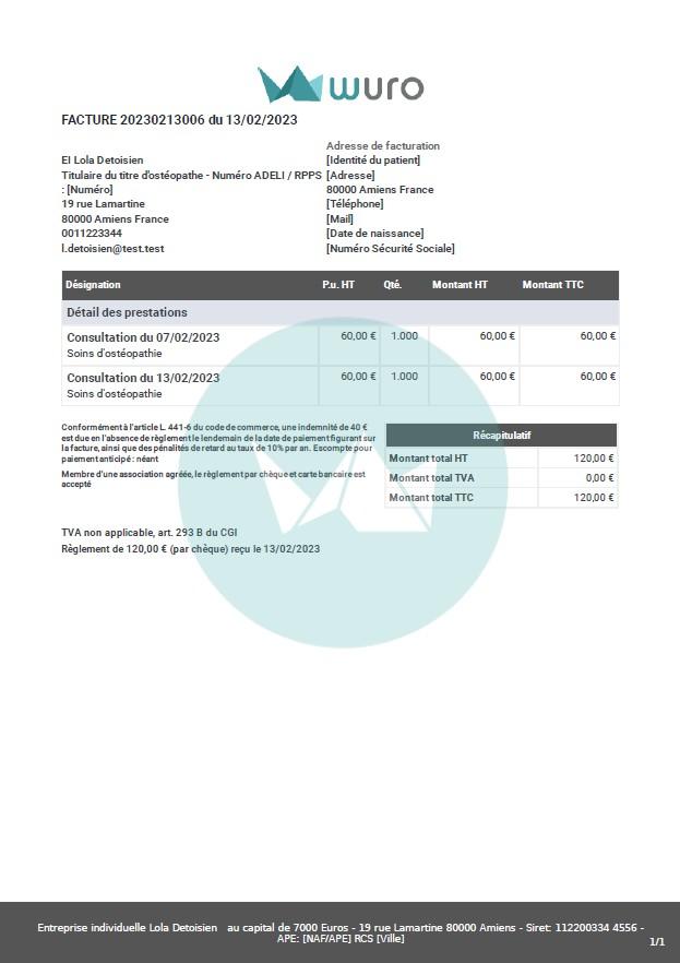 Osteopathe modele facture wuro