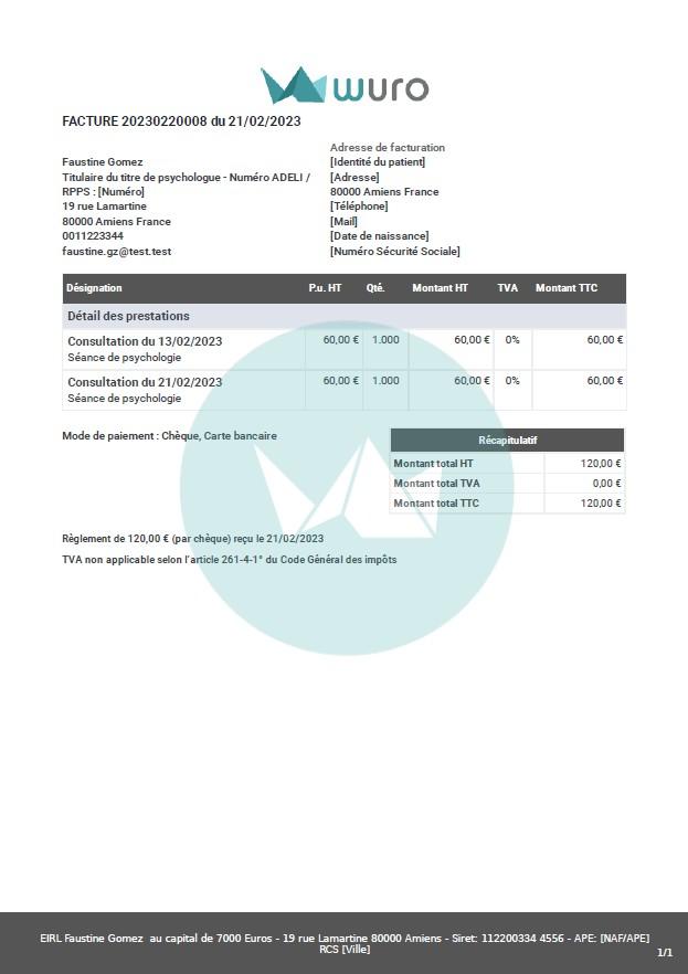 Facture psychologue modèle wuro