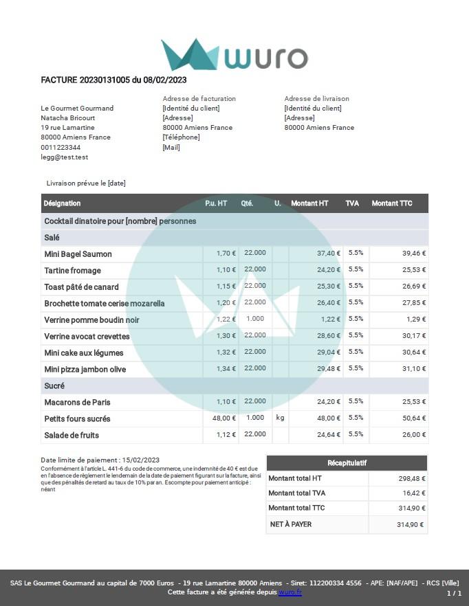 Facture traiteur modèle wuro